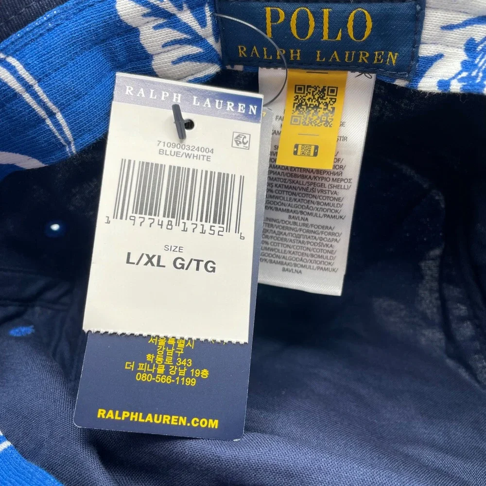 NEW Polo Ralph Lauren‎ Floral Terry Bucket Hat Size L/XL Cotton Blue White Pony